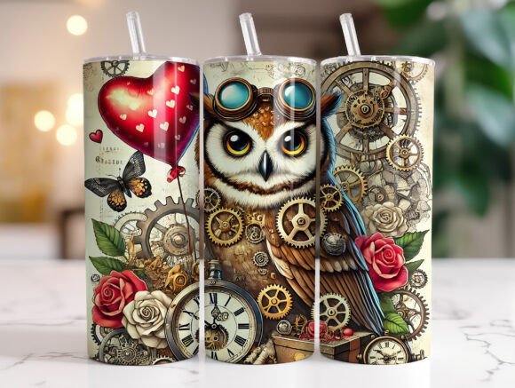 Owl Steampunk Valentines Tumbler Wrap